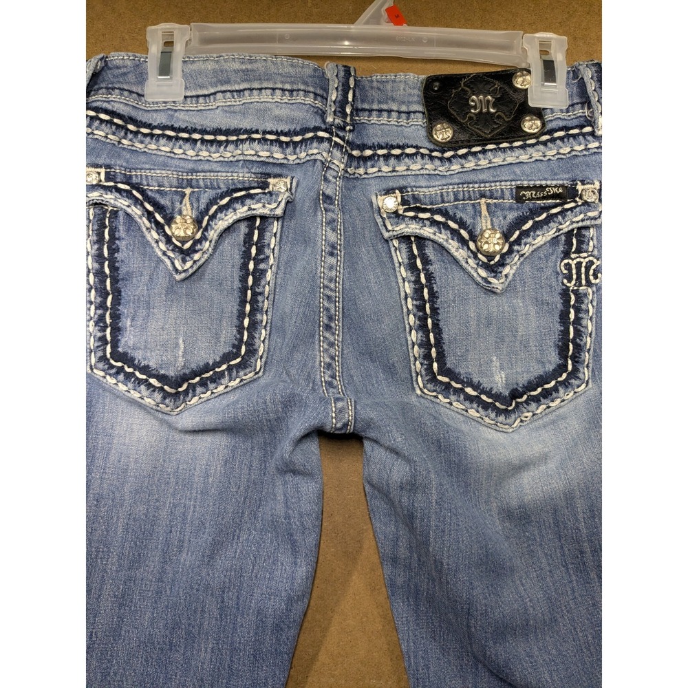 Miss Me Bootcut Distressed Light Wash Jeans Rhinestone Flap Pocket JP55014-13 30 - Picture 5 of 9